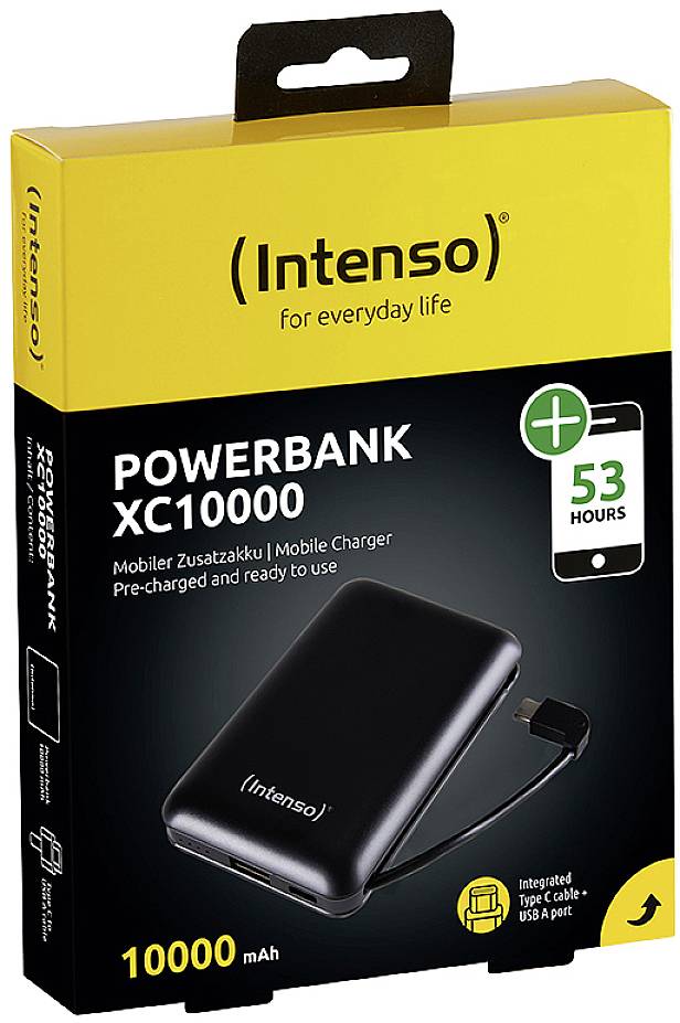 Intenso PowerBank model 'XC10000' s kapacitou 10000 mAh. Balenie zvýrazňuje: 53 hodín extra energie, integrovaný kábel.