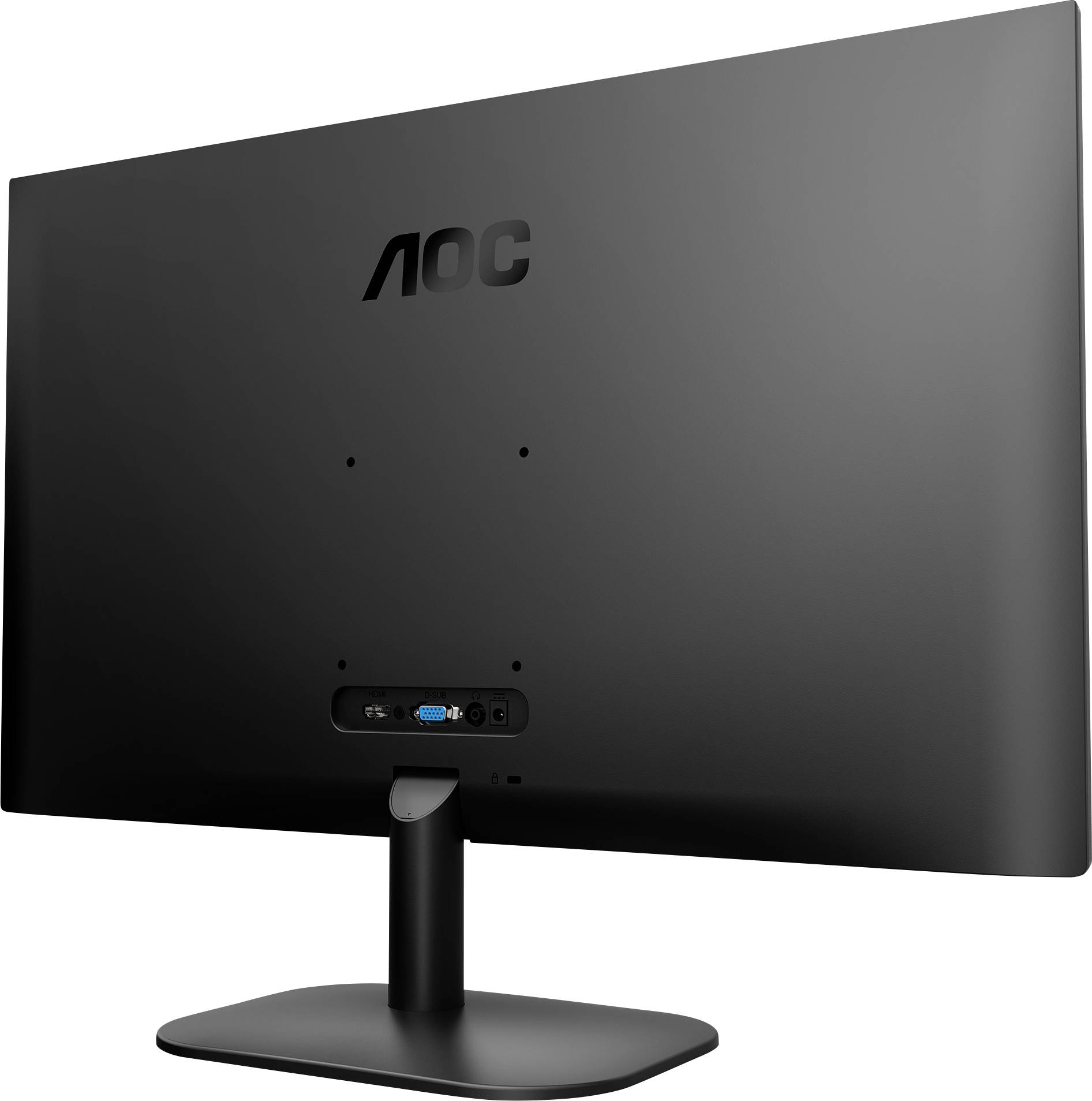 Obrázok zobrazuje zadnú stranu čierneho monitora AOC s konektormi a podstavcom.