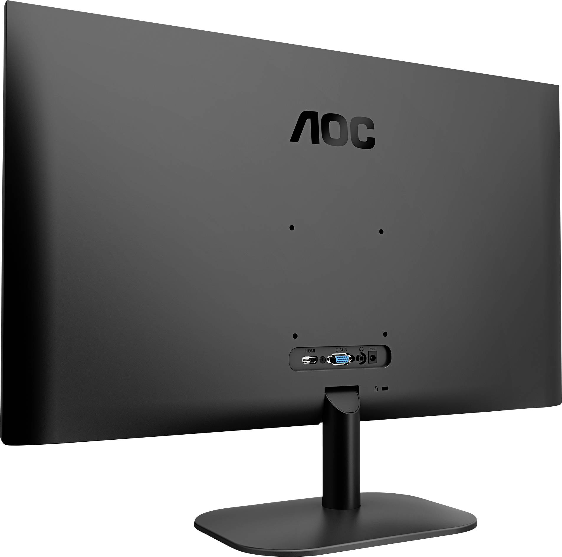 Čierny monitor značky AOC, pohľad zozadu s viditelnými portmi pre káblové pripojenia a stojanom.