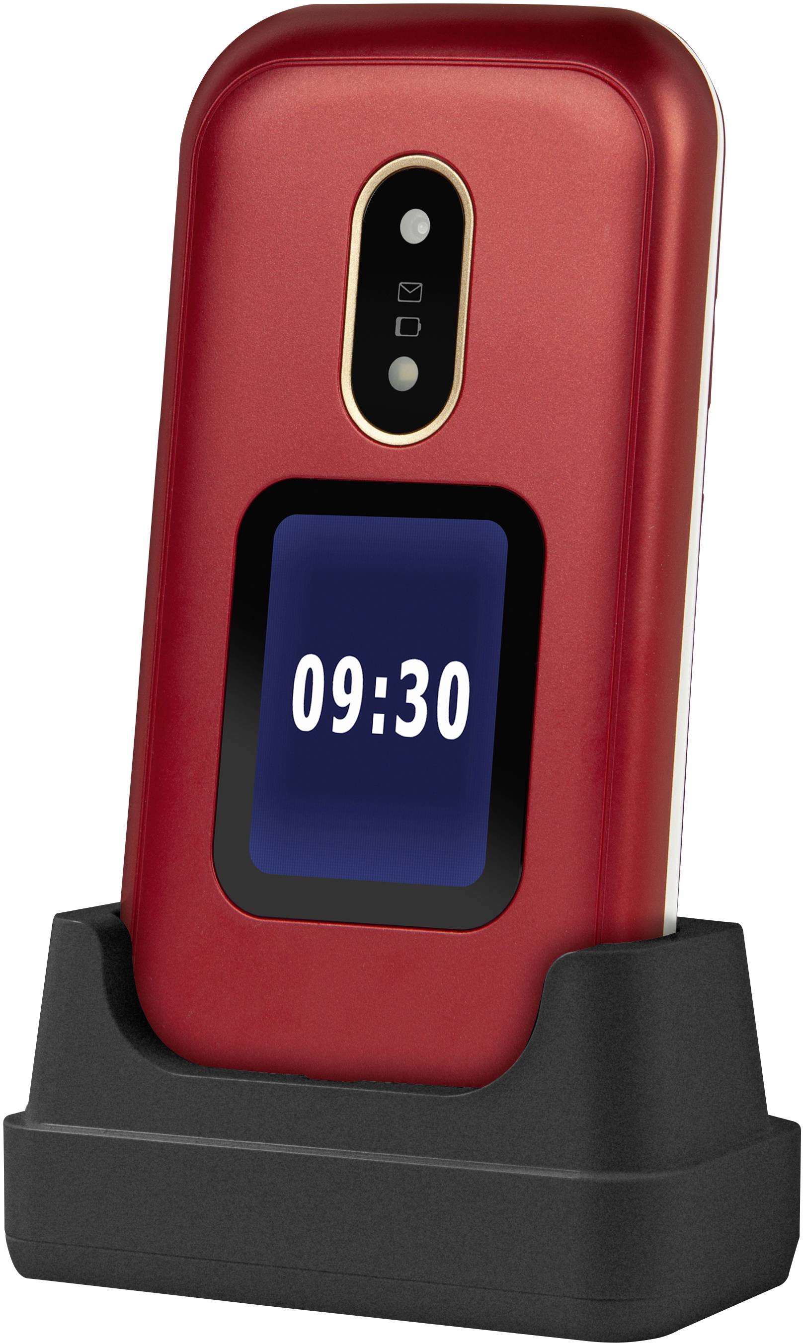 Červený skladací mobilný telefón je v nabíjacej stanici. Na obrazovke je zobrazený čas '09:30'.