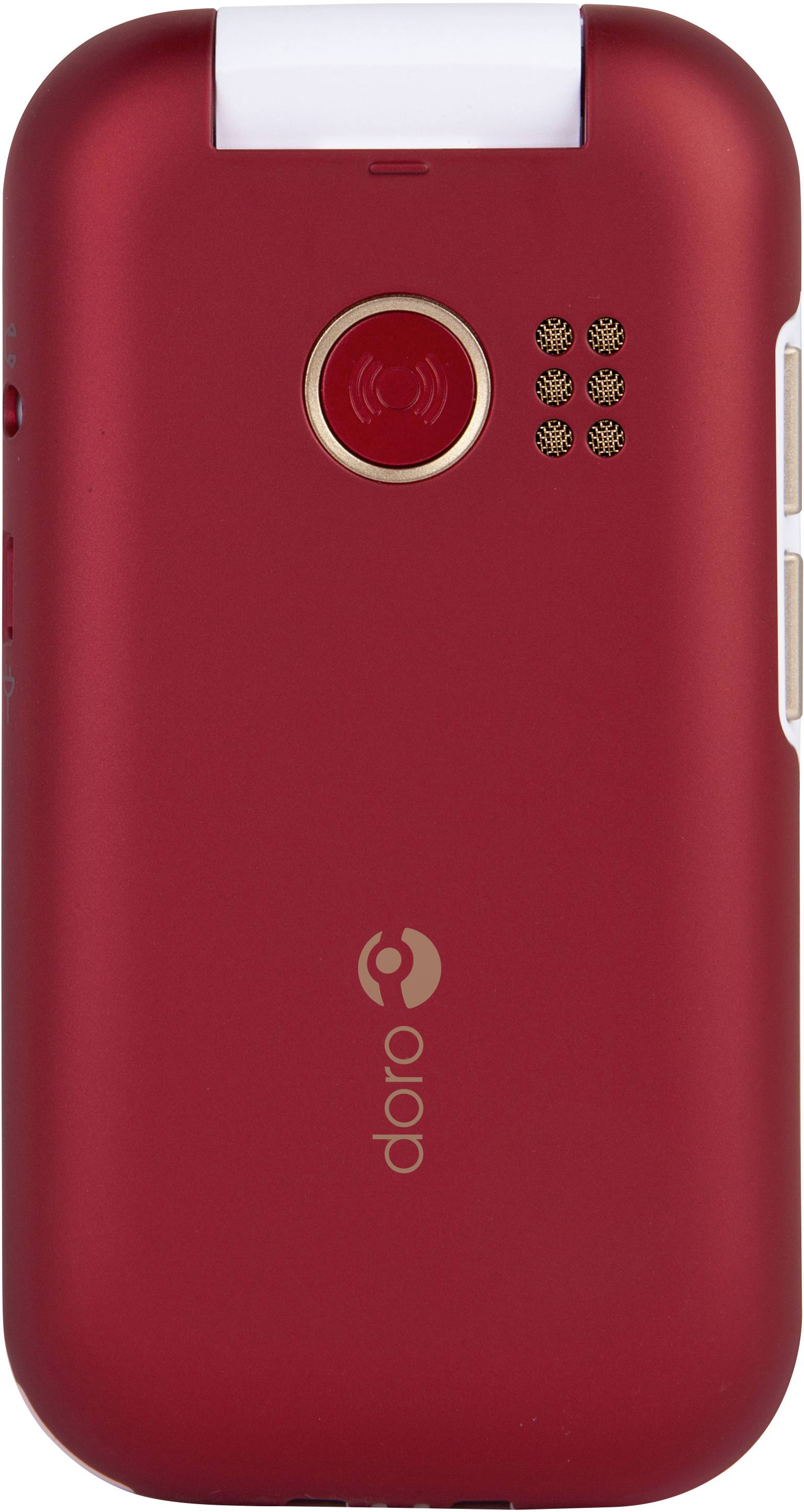 Červený skladací mobilný telefón s núdzovým tlačidlom na zadnej strane, pod ním logo značky.