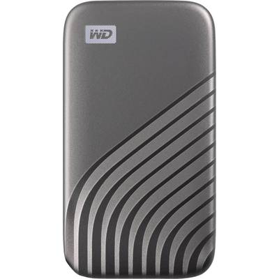 Externý pevný disk s hladkým, sivým povrchom a čiernymi pruhmi vpravo. V ľavom hornom rohu sa nachádza malé logo.