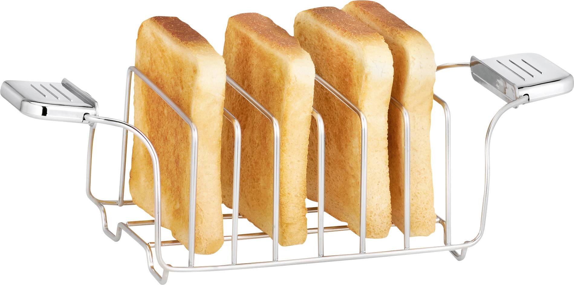 Štyri krajce toastu v striebornom stojane na toast.