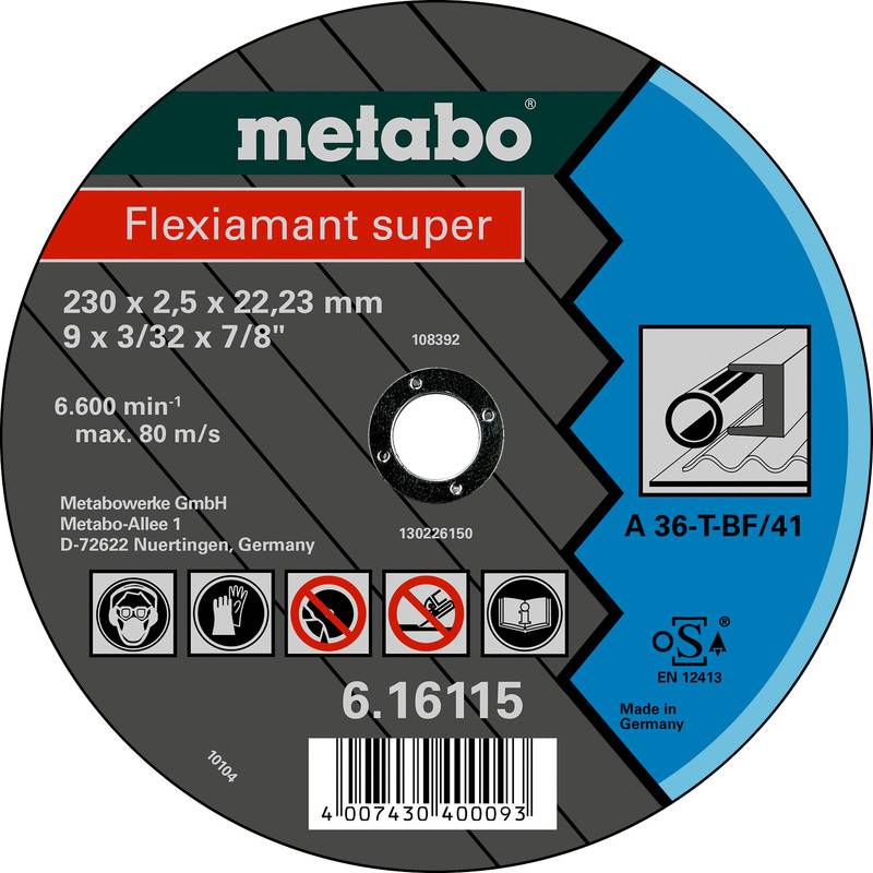 Metabo "Flexiamant super" rezný kotúč s označením veľkosti 230 x 2,5 x 22,23 mm, max. 6 600 ot/min, A 36-T-BF/41, čiarový kód a bezpečnostné ikony.