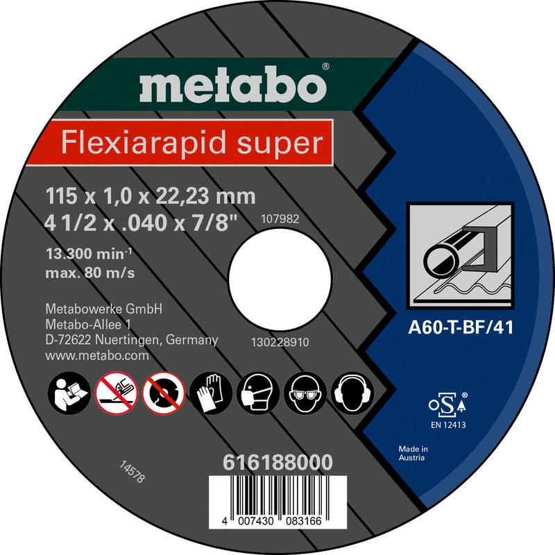 Metabo Flexiarapid super rezný kotúč s označením veľkosti 115 x 1,0 x 22,23 mm, max 13 300/min, A60-T-BF/41 a bezpečnostné ikony.