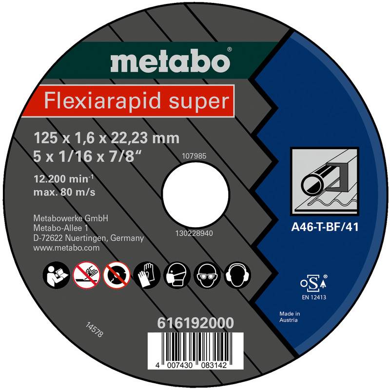 Metabo Flexiarapid super rezací kotúč nálepka, zobrazujúca veľkosť 125 x 1,6 x 22,23 mm, max 12 200 otáčok za minútu a špecifikácia A46-T-BF/41.