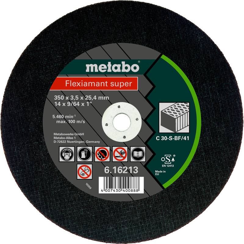 Okrúhly rezný kotúč Metabo Flexiamant super s označením, ktoré zobrazuje rozmer 350 x 3,5 x 25,4 mm, maximálna rýchlosť 100 m/s a bezpečnostné symboly.