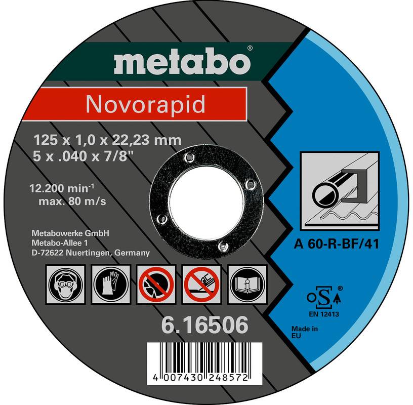 Metabo Novorapid rezný disk štítok s veľkosťou 125 x 1,0 x 22,23 mm, max 12 200 ot/min, s kódom produktu 6.16506 a čiarovým kódom.