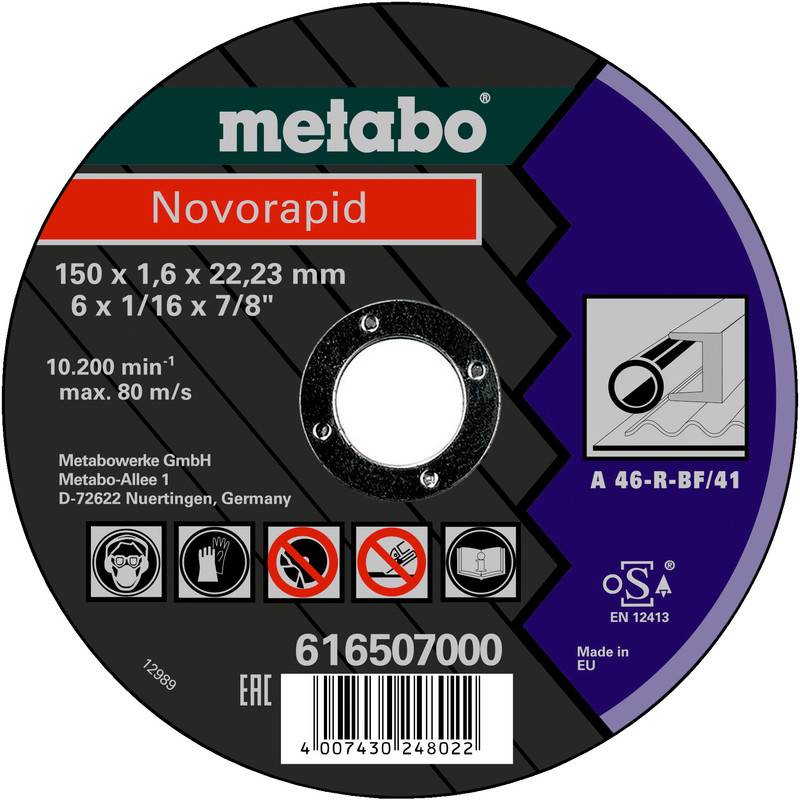 Metabo Novorapid rezací disk - štítok s rozmermi 150 x 1,6 x 22,23 mm, maximálne 10 200 ot./min a kódom produktu 616507000.