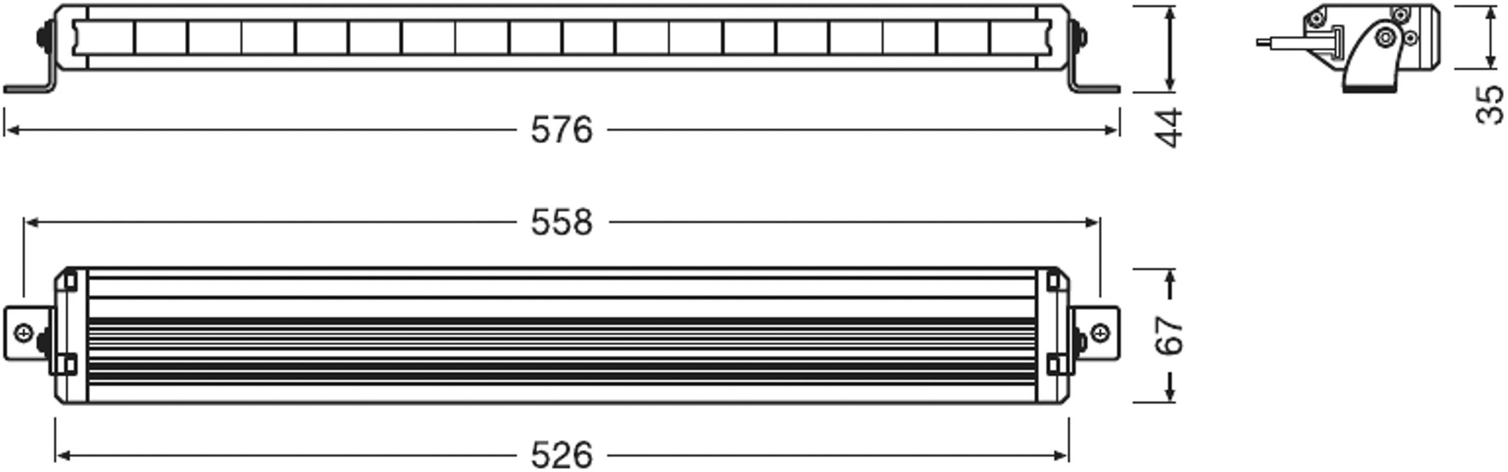 Technický výkres obdĺžnikového LED svetla s rozmermi: dĺžka 576 mm, výška 44 mm, šírka 67 mm. Bočný pohľad takisto zobrazený.
