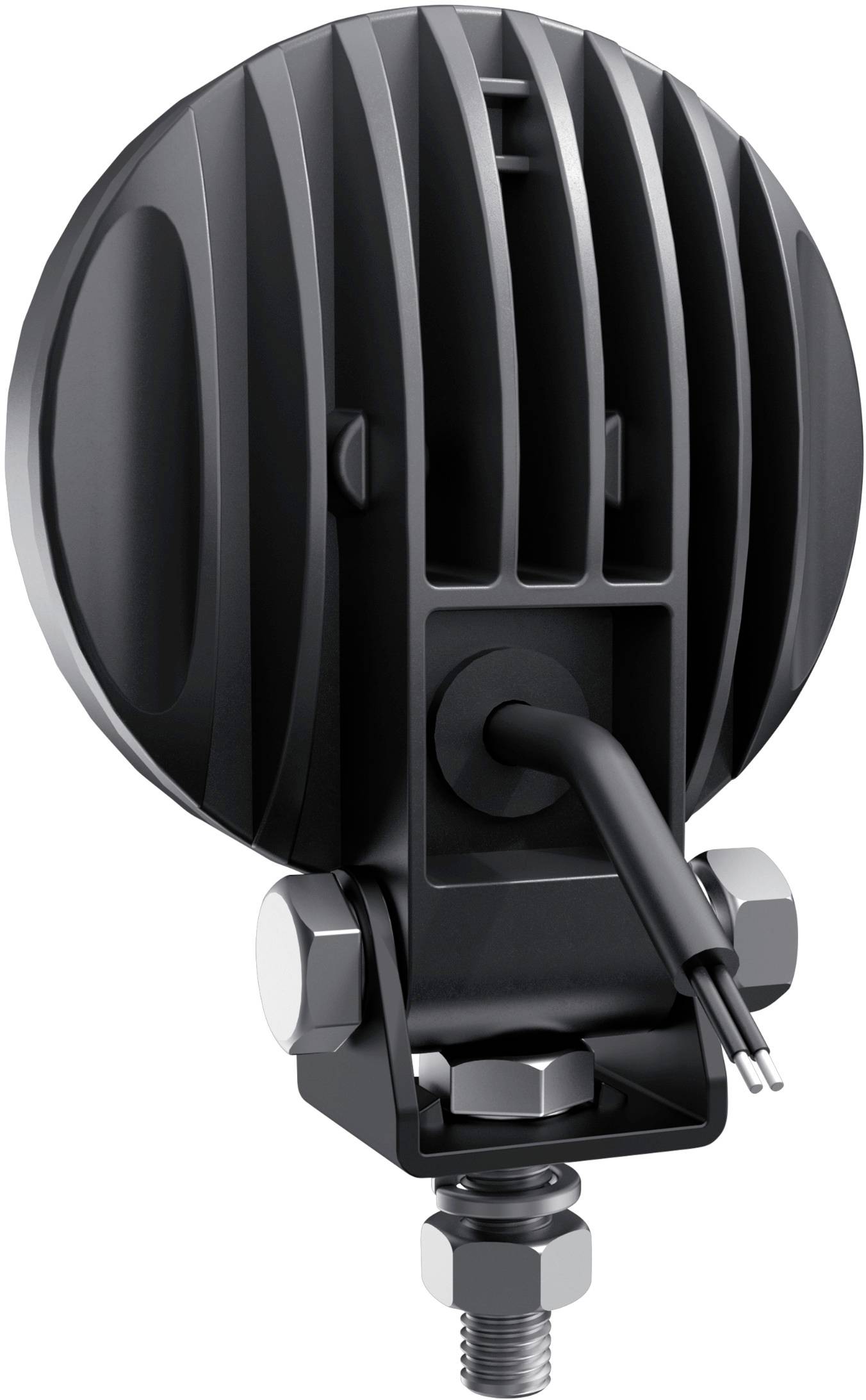 Okrúhle LED svietidlo v čiernej farbe s chladiacimi rebrami a pripevniteľným držiakom. Na zadnej strane je pripojený jeden kábel pre elektrické pripojenie.