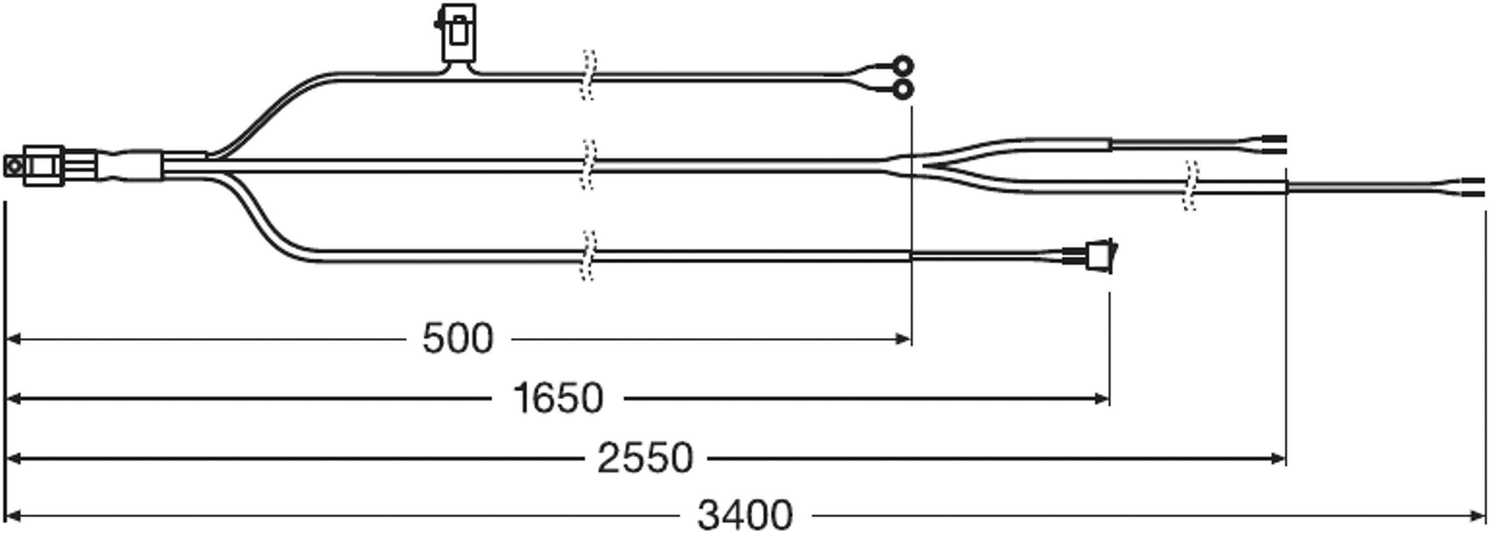 Schéma elektrickej kabeláže s tromi hlavnými vedeniami a odbočkami, vyznačené dĺžky: 500 mm, 1650 mm, 2550 mm, 3400 mm.