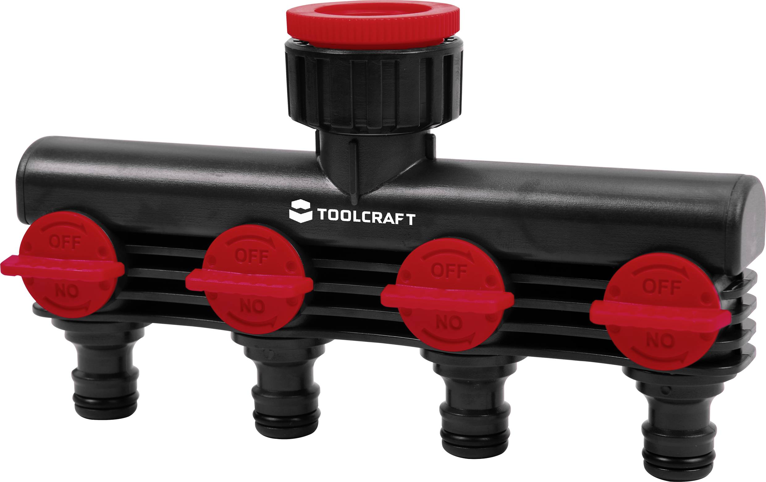 Čierny vodný rozdeľovač so štyrmi červenými ventilmi a veľkou červenou krytkou hore. Nápis 'Toolcraft'. Vhodný pre záhradné hadice.