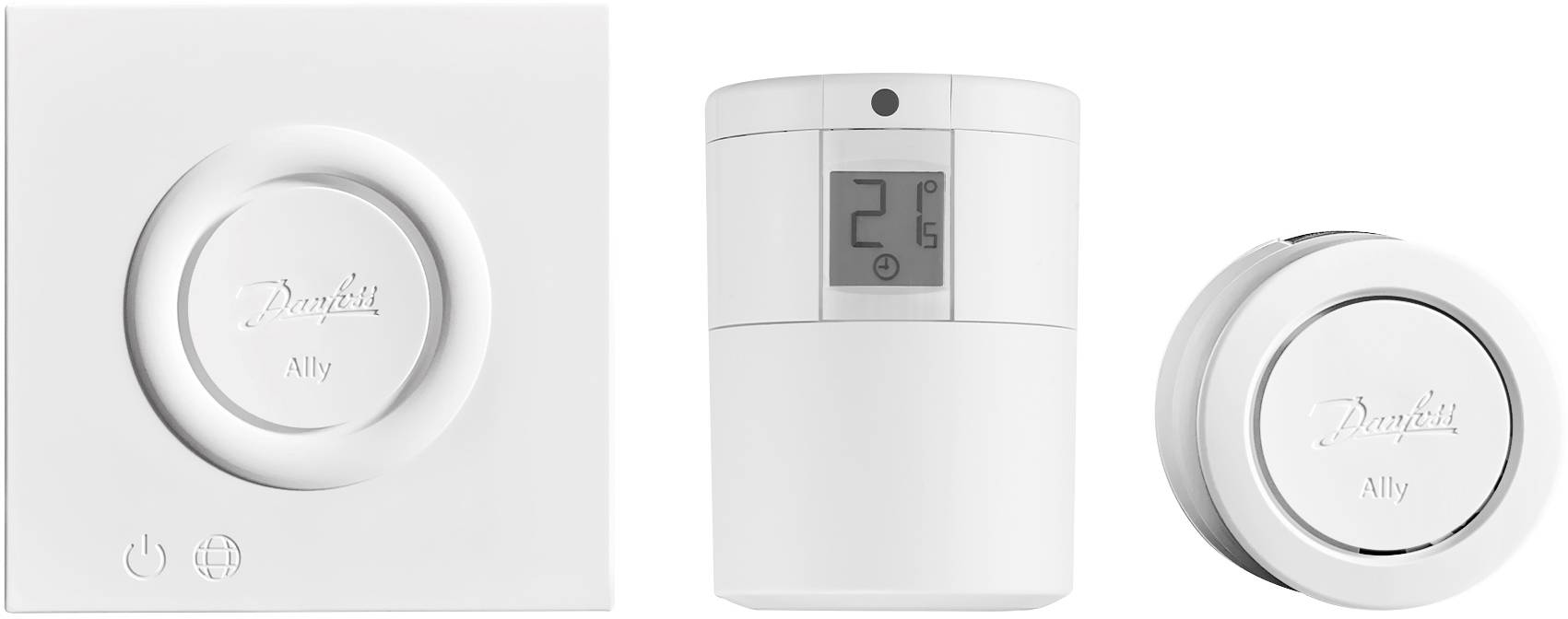 Inteligentný termostat od Danfoss; zobrazuje '21°C' na displeji. Obsahuje tlačidlá pre elektrinu a WIFI.
