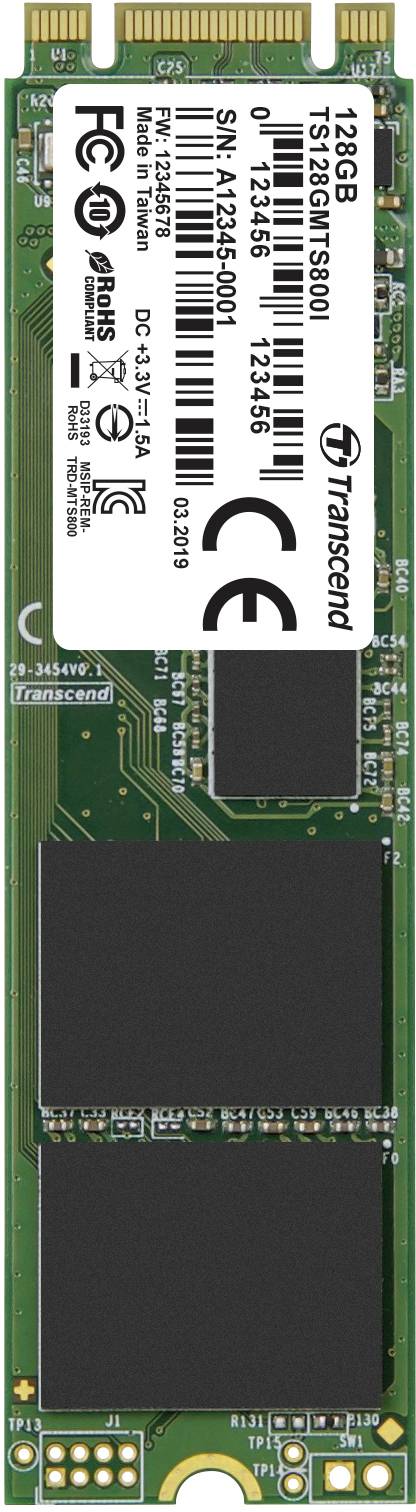 Zelený 128 GB M.2 SATA SSD modul od spoločnosti Transcend s viacerými čipmi a bielymi štítkami s technickými údajmi a sériovými číslami.