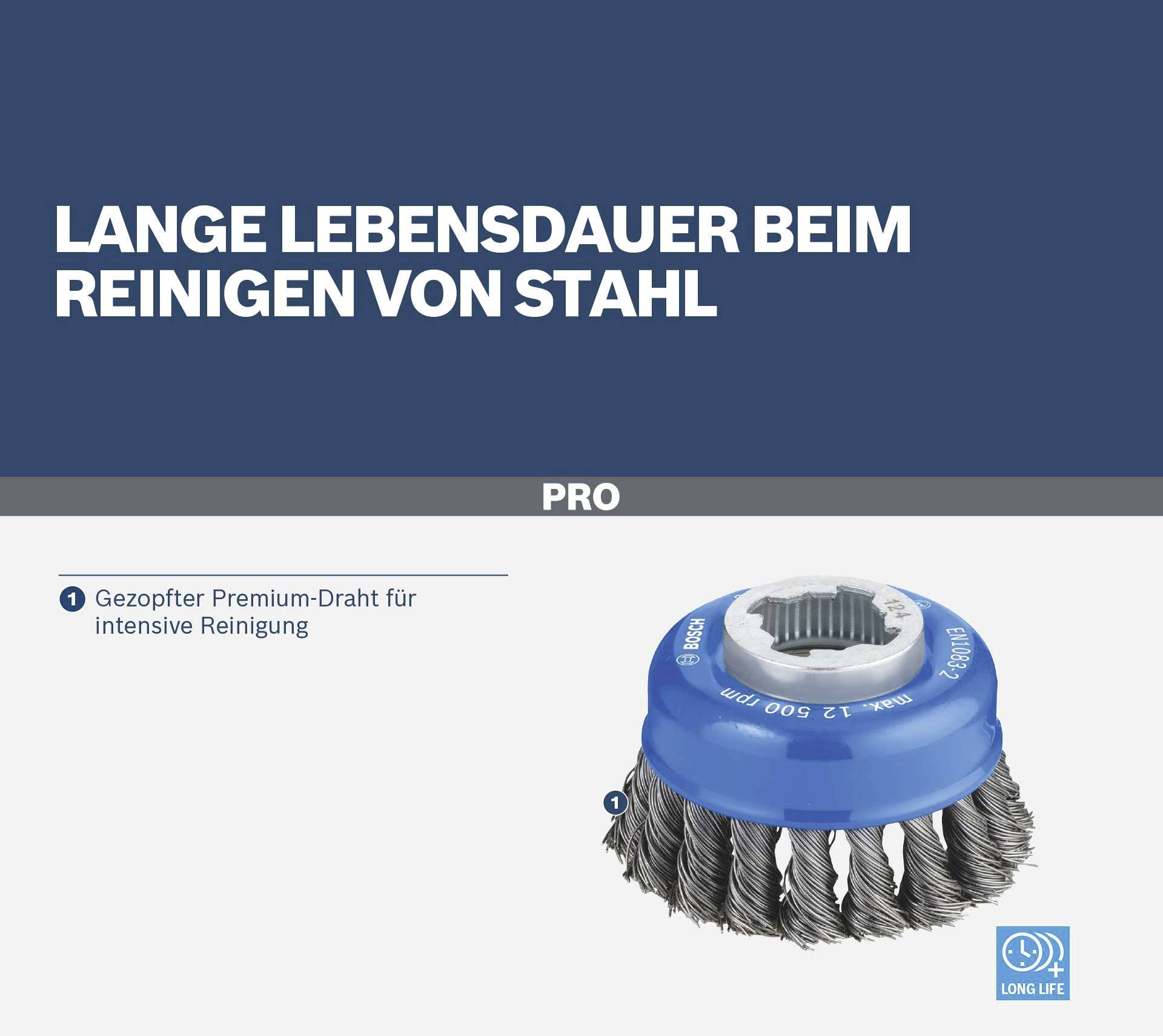 Čistiaca kefa s modrým rámom a oceľovými štetinami, vhodná na intenzívne čistenie ocele, propagovaná pre dlhú životnosť.