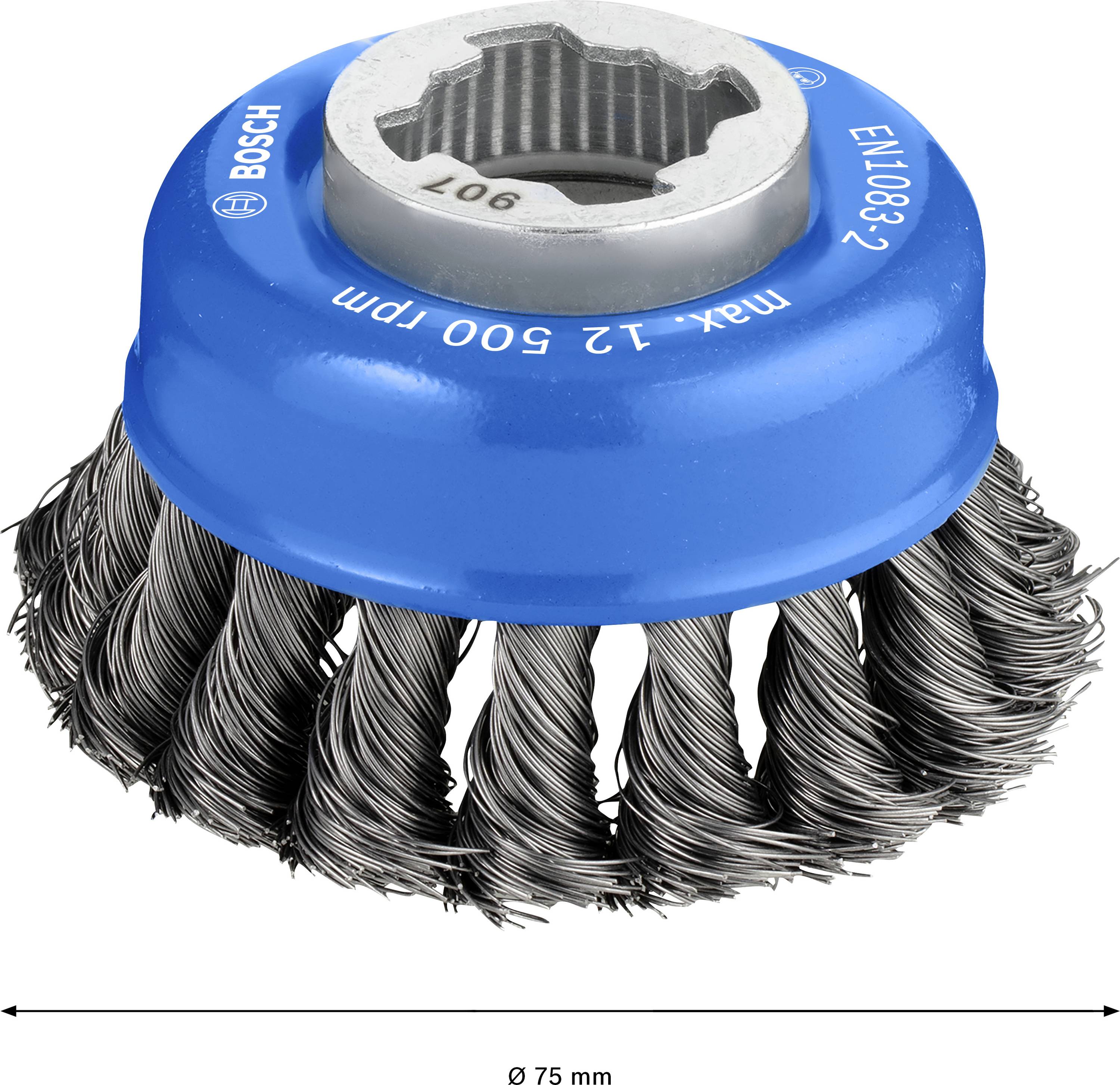 Modrá, okrúhla drôtená kefa od Bosch, priemer 75 mm, so skrútenými kovovými drôtmi a otvorom v strede na upevnenie do stroja.