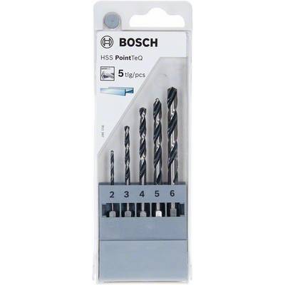 Sada vrtákov Bosch HSS PointTeQ 5-dielna v rôznych veľkostiach od 2 do 6 mm, vhodná pre kovové vŕtanie.