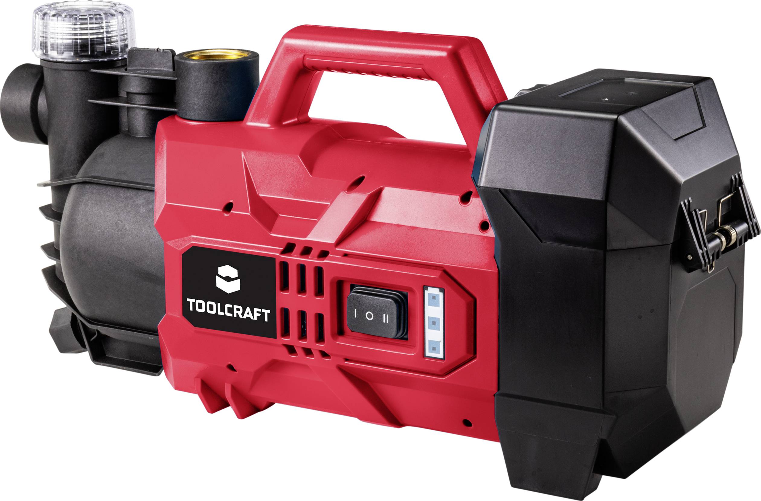 Červená a čierna elektrická vodná pumpa od Toolcraft s rukoväťou, spínačom a displejom.