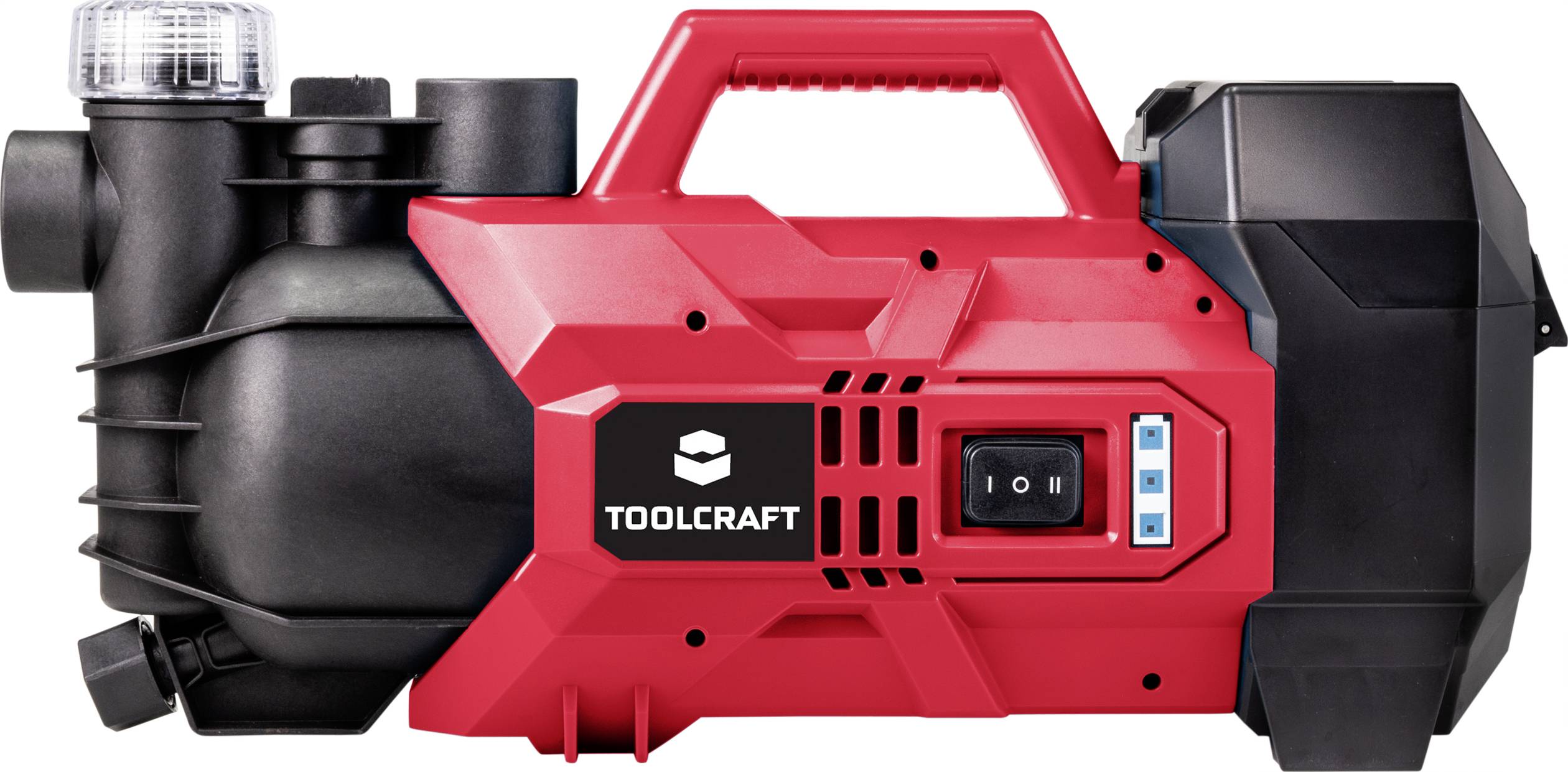 Červená a čierna vodná pumpa od TOOLCRAFT s vypínačom a rukoväťou hore. Vhodná pre domáce použitie, kompaktného dizajnu.