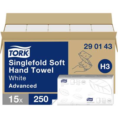 Tork Singlefold Soft Hand Towel box, White Advanced, H3, 15 x 250 listov, zobrazené v otvorenej kartónovej krabici.