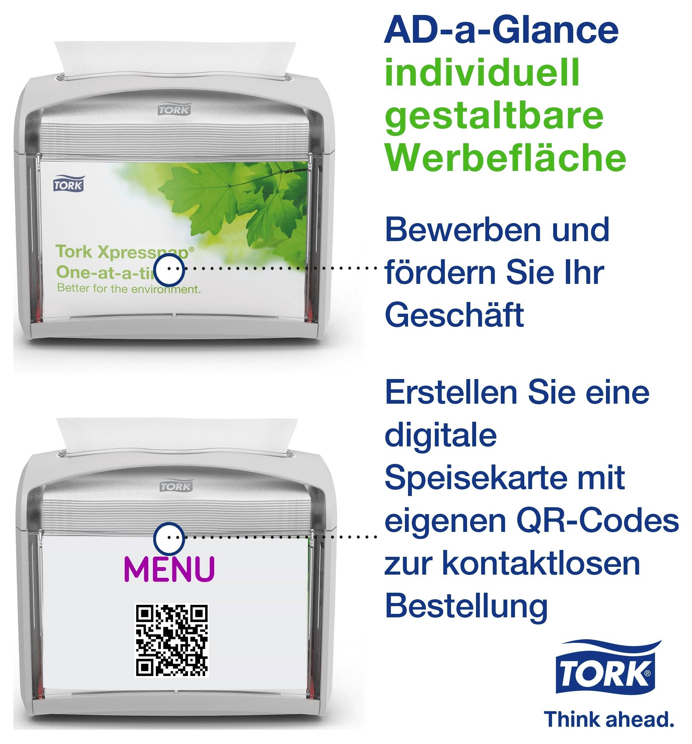 Reklamná grafika s dvoma Tork-dávačmi: hore individuálny reklamný priestor, dole "MENU" s QR kódom na bezkontaktnú objednávku a digitálny jedálny lísok.