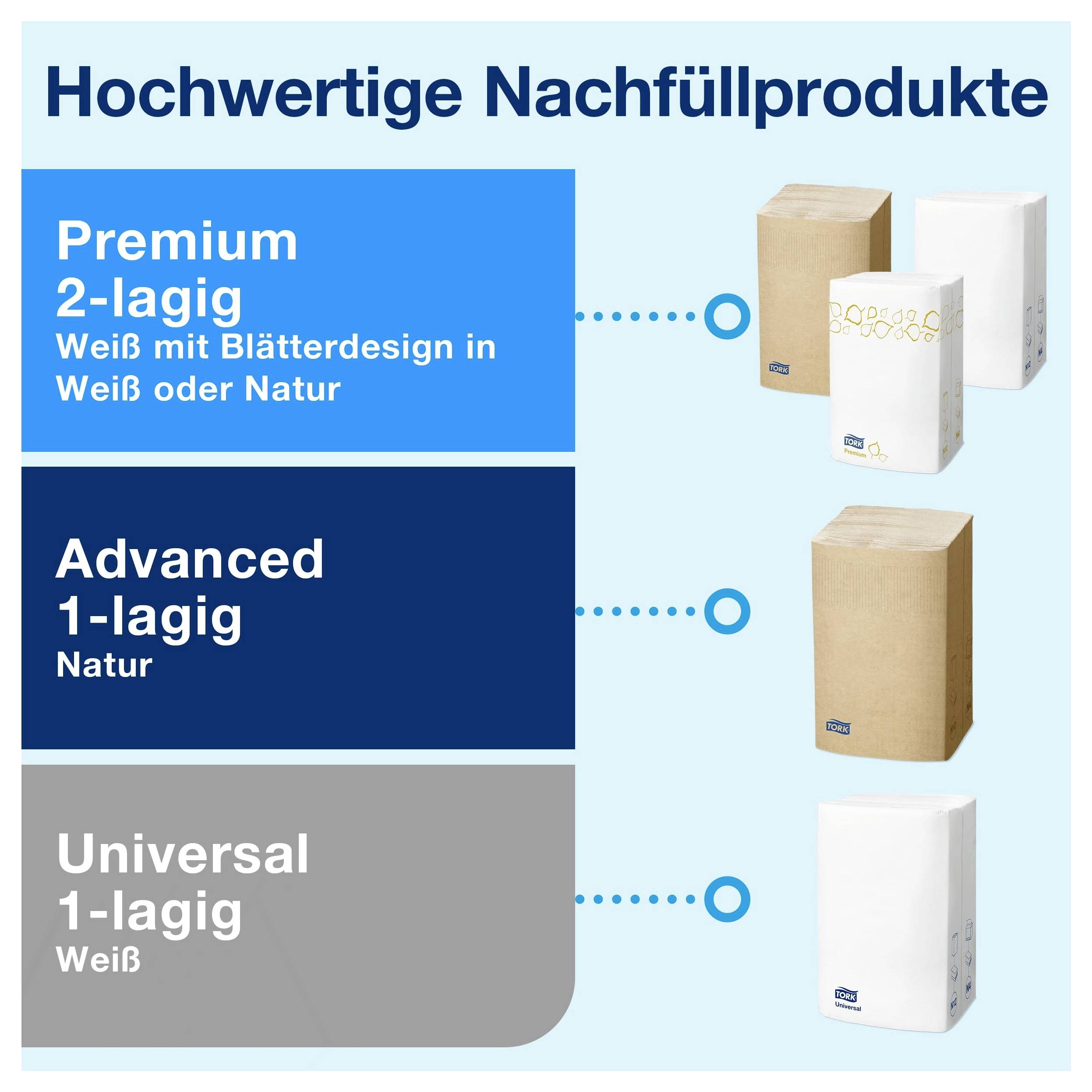 Porovnanie vysoakokvalitných náplní: Premium 2-vrstvové v bielej farbe s dizajnom s listami alebo v prírodnej farbe, Advanced 1-vrstvové v prírodnej farbe, Universal 1-vrstvové v bielej farbe.