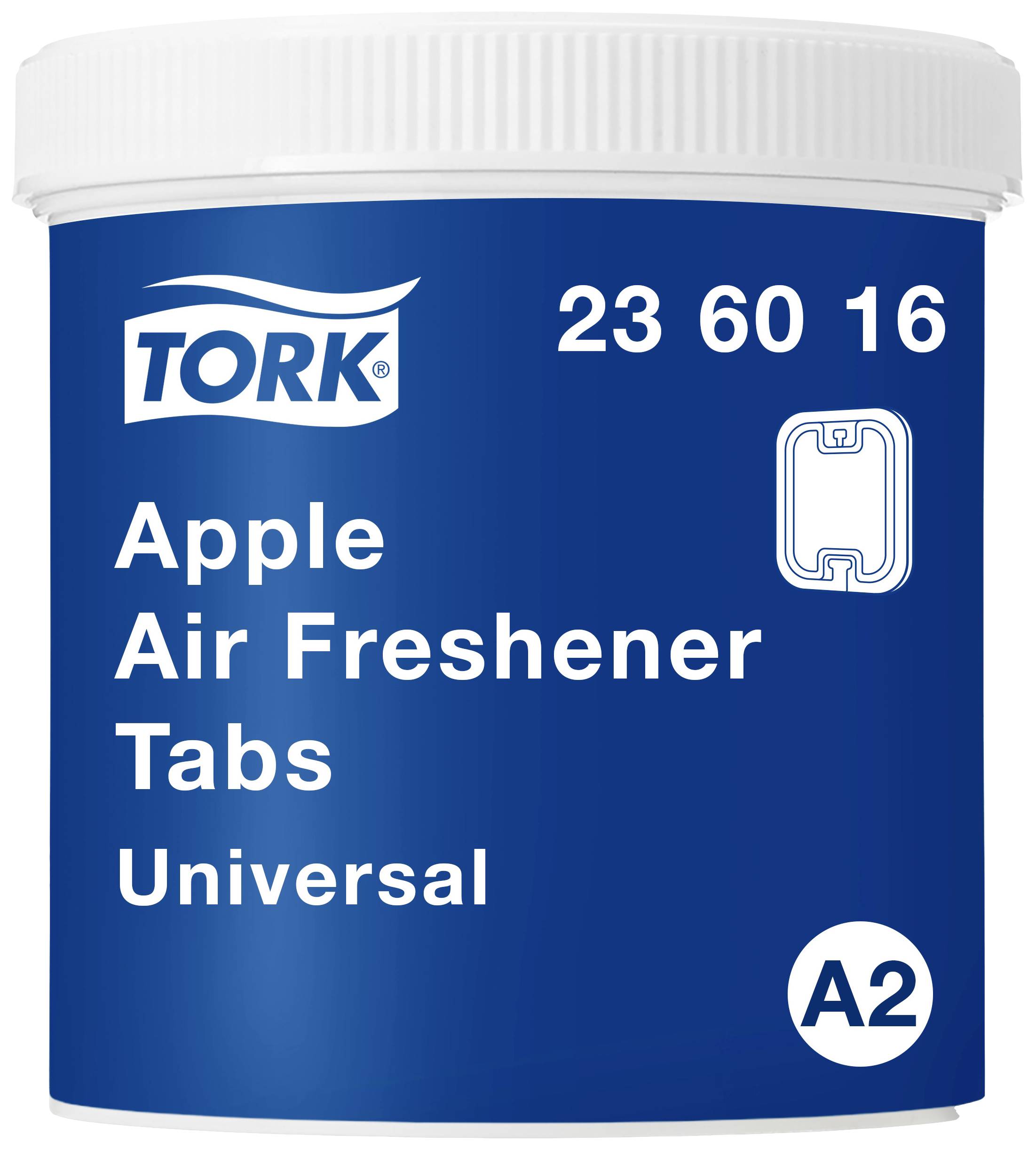 Modrý kontajner s nápisom 'Tork Apple Air Freshener Tabs Universal A2'. Obsahuje osviežovače vzduchu vo forme tabliet.