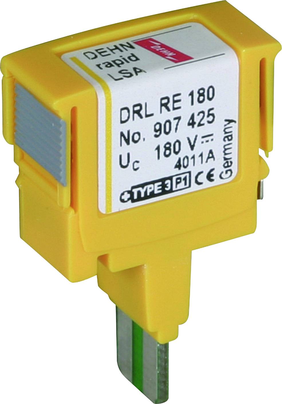 Žlté zariadenie na ochranu pred prepätím, typ DEHN rapid LSA, model DRL RE 180, napätie 180 V, vyrobené v Nemecku.