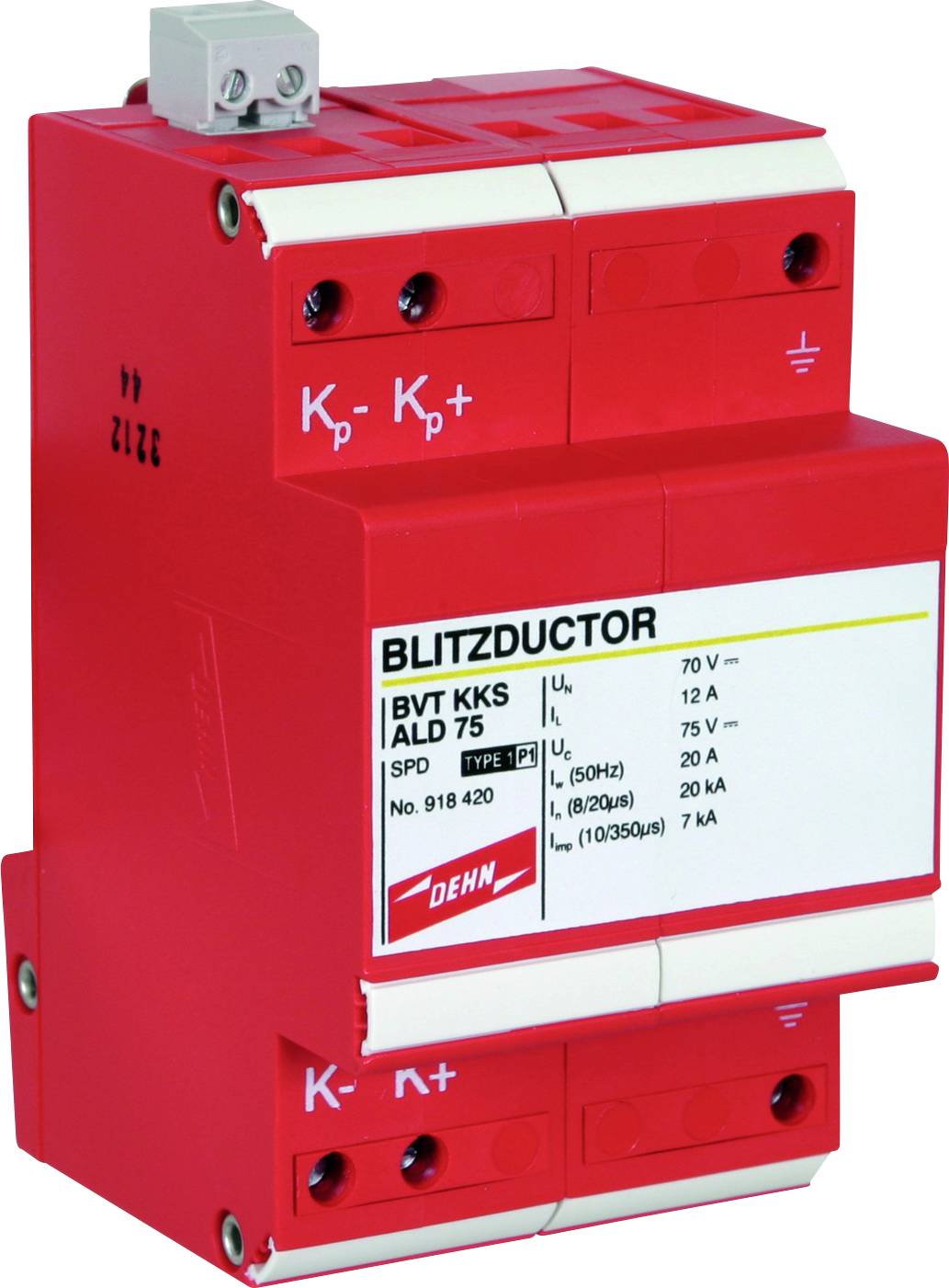 Červená ochrana pred bleskom s označením 'BLITZDUCTOR', model 'BVT KKS ALD 75', technické špecifikácie a značka viditeľné.