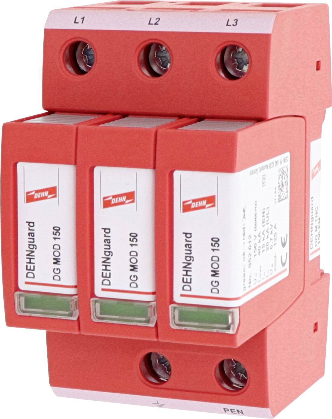 Elektrické zariadenie s tromi červenými modulmi, každý označený ako 'DEHNguard DG MOD 150'. Hore tri označené pripojovacie miesta: L1, L2, L3.