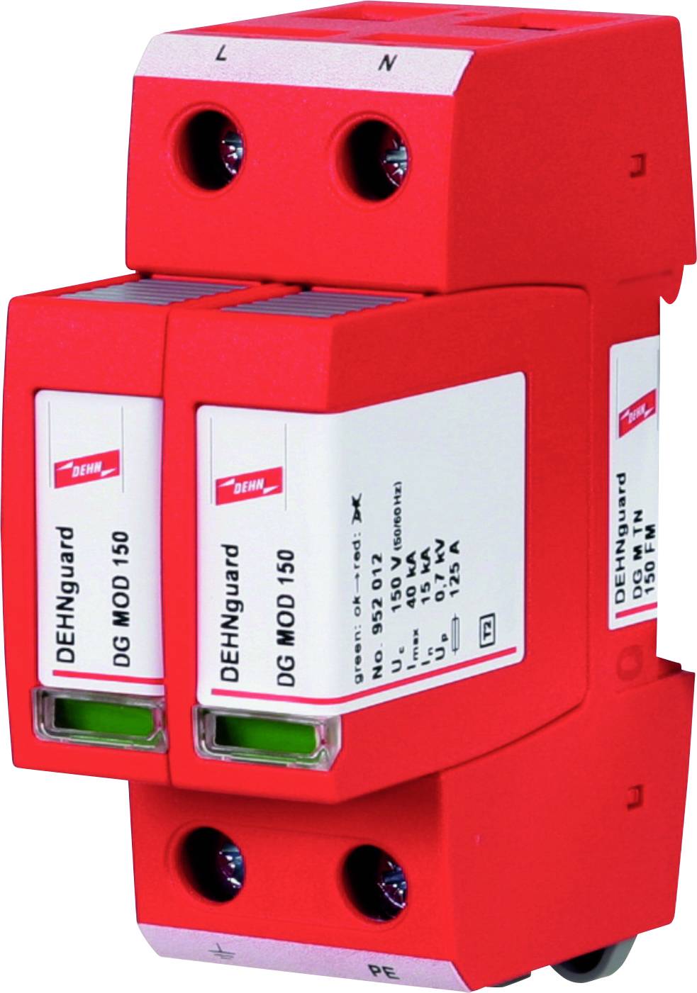 Bleskový ochranný modul DEHNguard DG MOD 150 v červenom kryte s pripojeniami hore a dole, rozpoznateľný podľa firemného loga a technických údajov.
