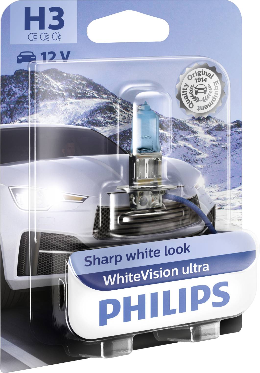 'Philips WhiteVision ultra' H3 12V autožiarovka v balení pred zasnežený horský vrchol. Slogan: 'Ostrý biely vzhľad'.