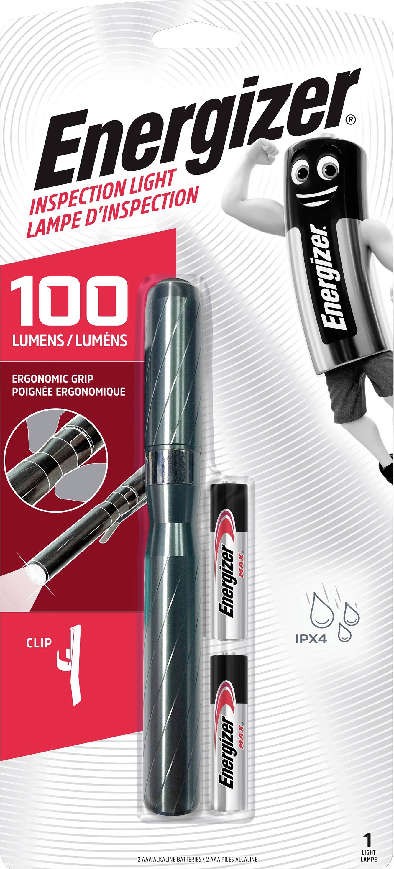 Obal inšpekčnej lampy Energizer s ergonomickou rukoväťou a klipom. Obsahuje 100-lúmenovú lampu a dve batérie IPX4.