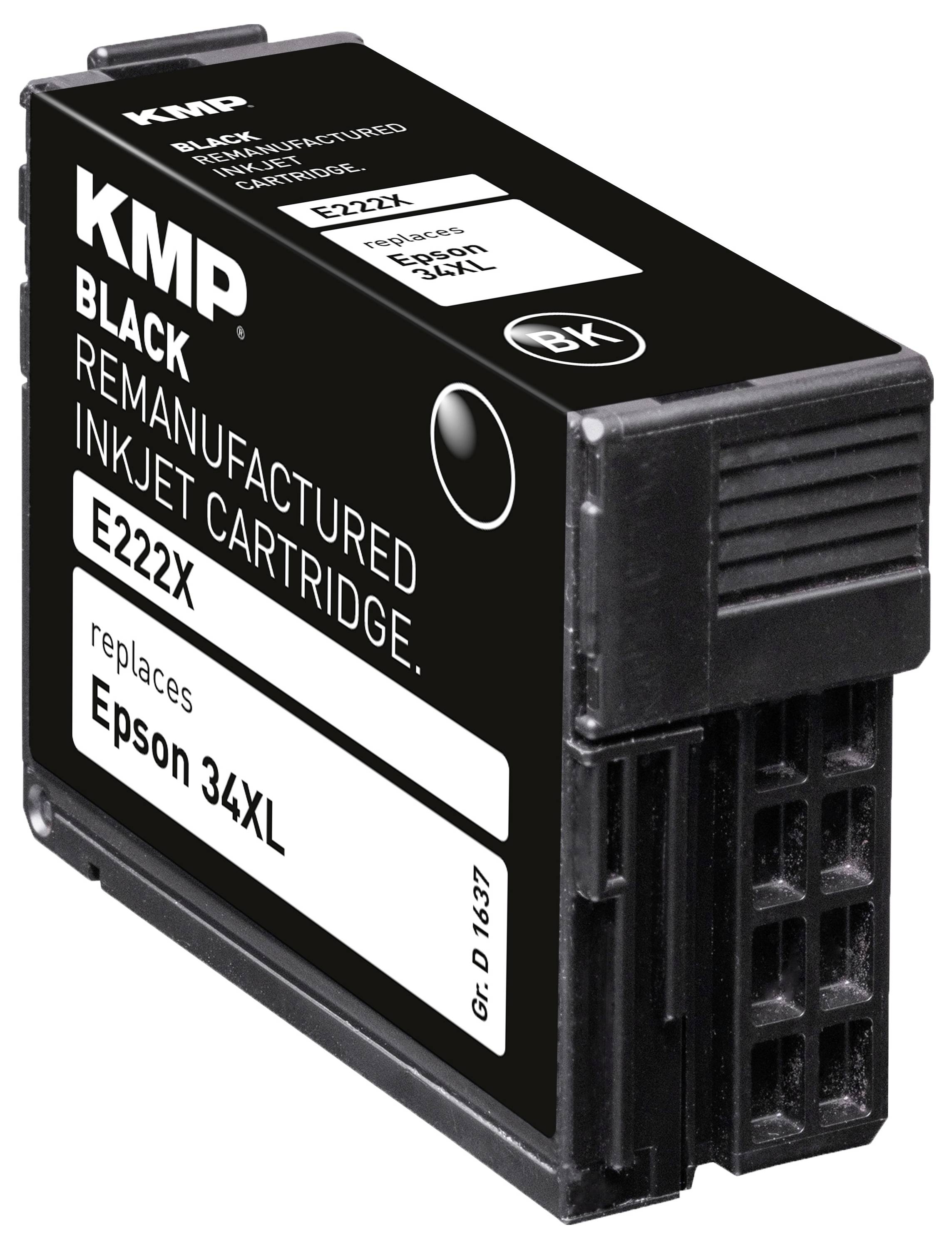 Čierna atramentová kazeta označená ako 'KMP Black Remanufactured Inkjet Cartridge E222X', kompatibilná s tlačiarňami Epson 34XL.