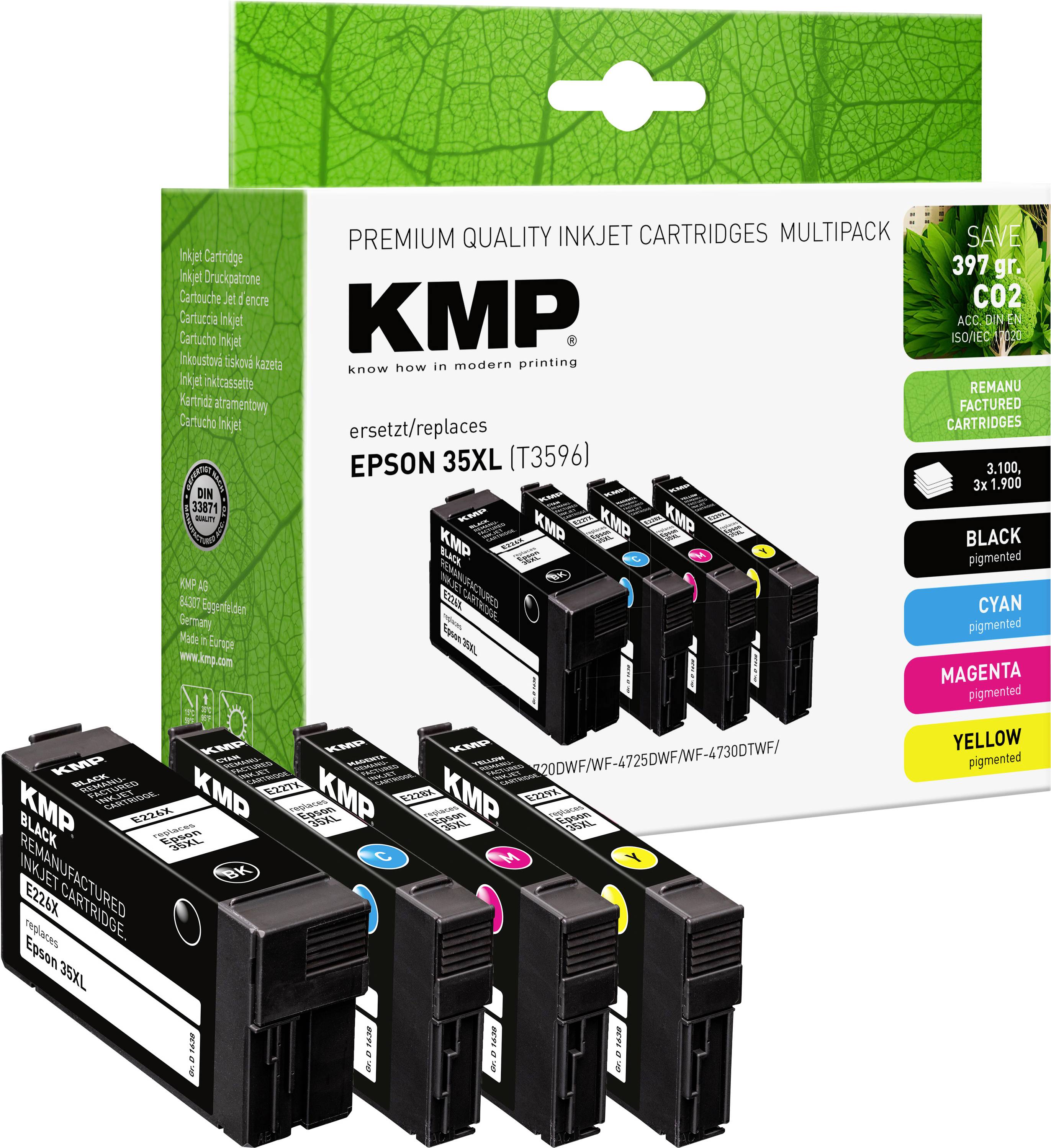 Atramentová multipack kazeta KMP 'Epson 35XL' pre tlačiarne Epson, obsahuje azúrovú, purpurovú, žltú a dve čierne kazety. Ekologicky šetrné balenie.