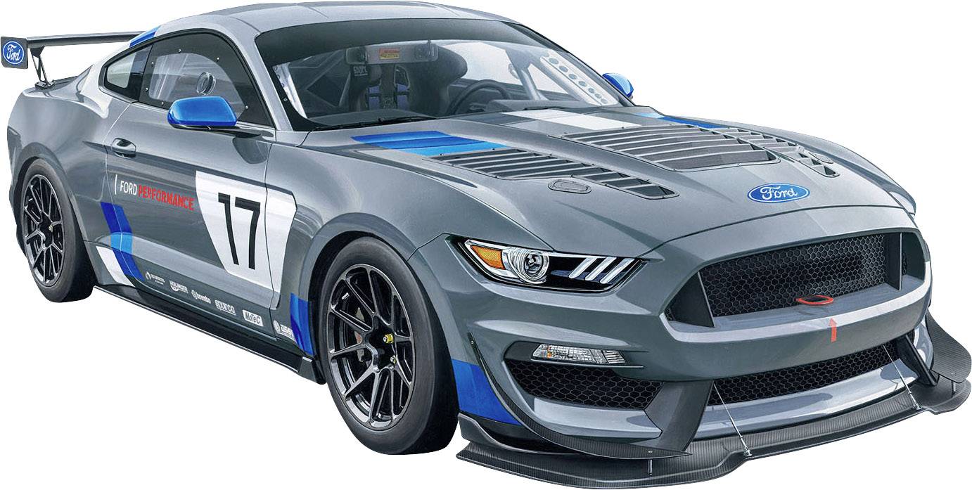 Šedé pretekárske auto s číslom 17 na boku, modrými pruhmi a logom Ford na kapote.