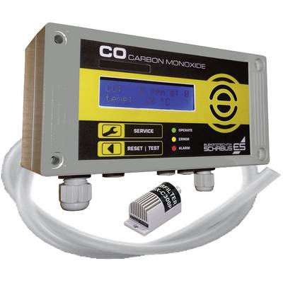 Detektor oxidu uhoľnatého s digitálnym displejom zobrazuje 'CO: 0 ppm a teplota: 20°C'. Tri LED kontrolky: Servis, Prevádzka, Porucha. Obsahuje filtračnú jednotku.