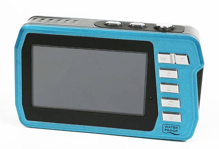 Elektronické zariadenie s modrým krytom, displejom a niekoľkými tlačidlami, vrátane tlačidiel 'W', '+', '-' a označené ako 'VODOTESNÉ'.