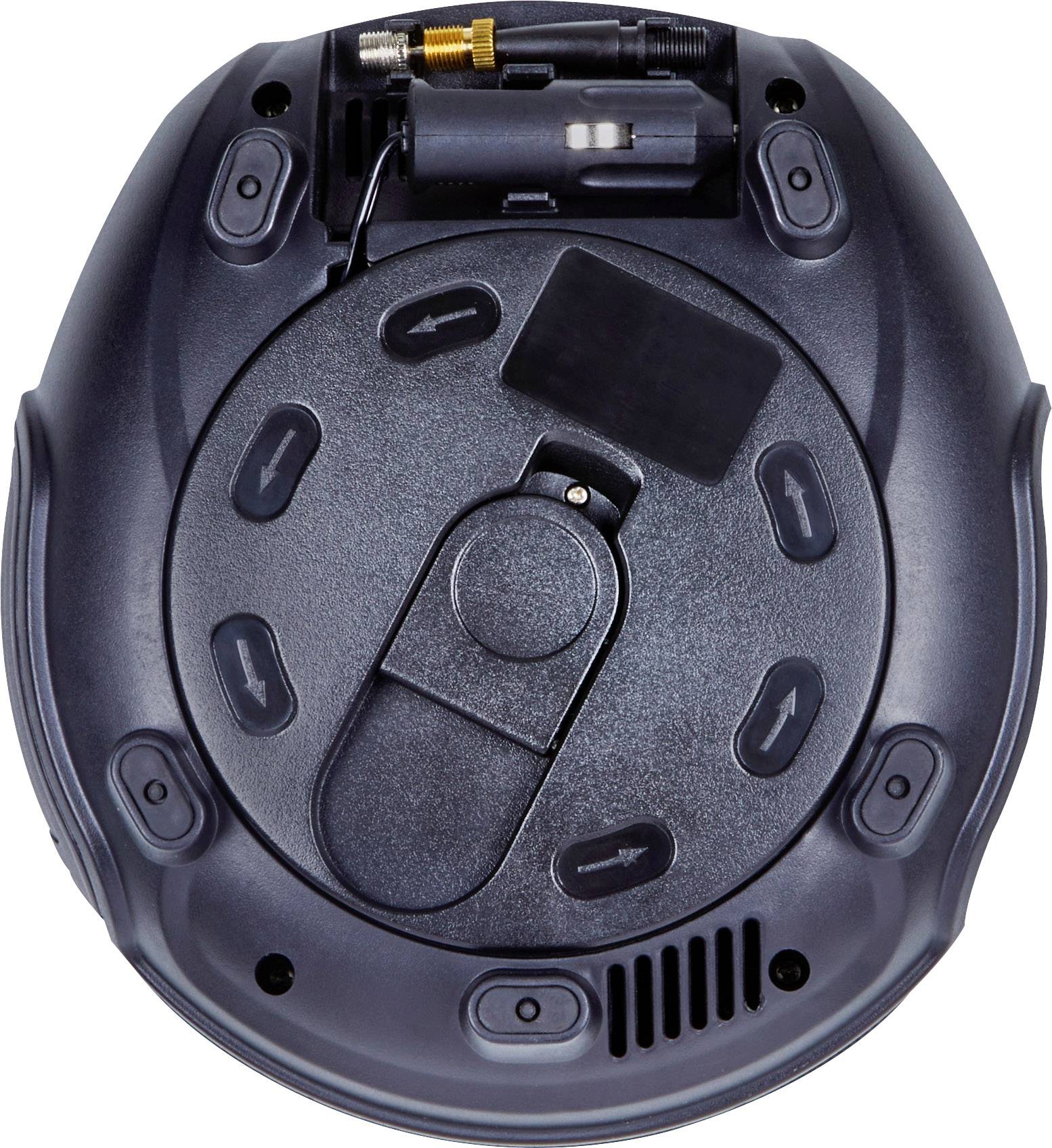 Spodná strana okrúhleho robotického vysávača s kolieskami a viacerými senzormi.