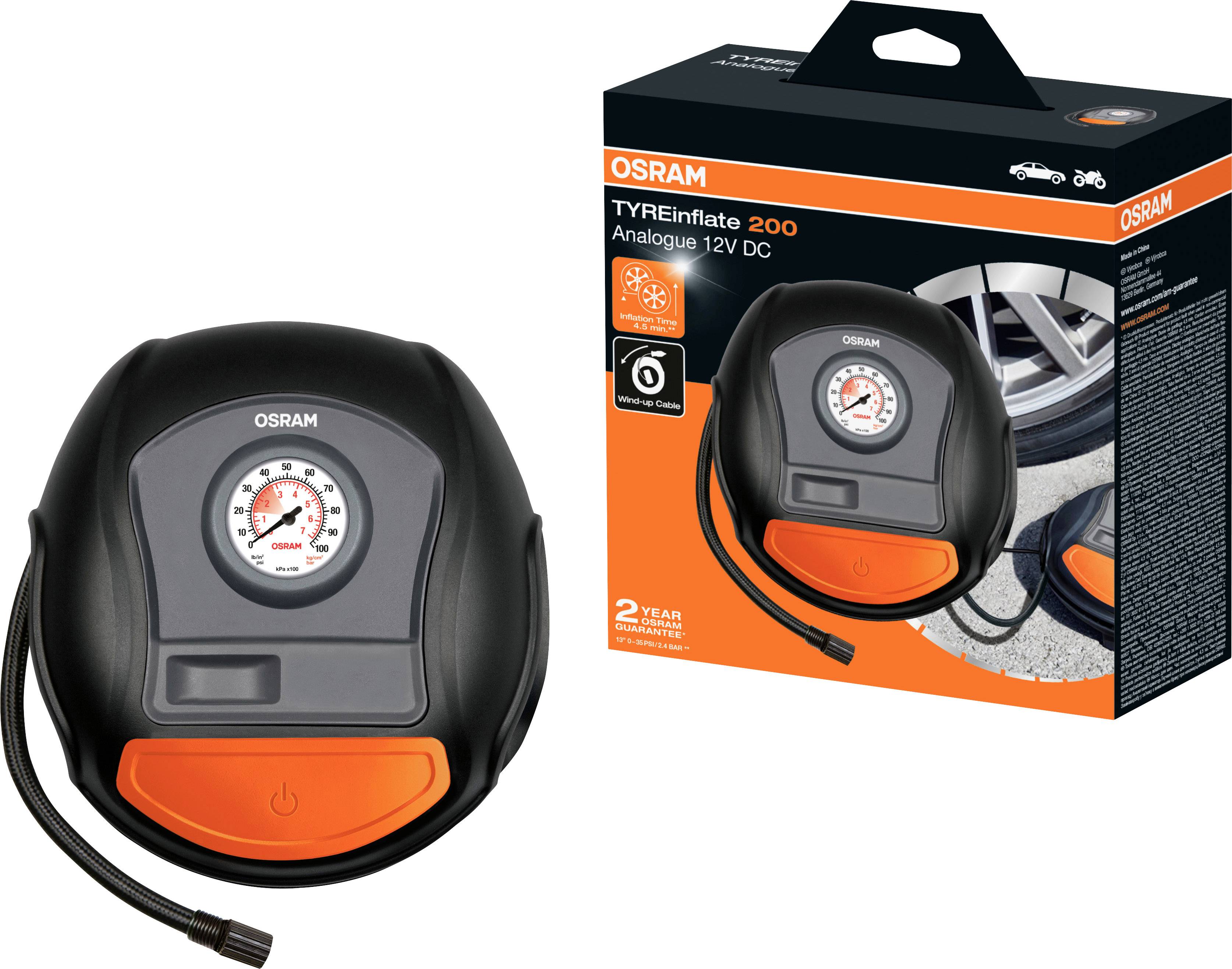 'OSRAM TYREinflate 200', analógový 12V kompresor na pneumatiky. Zobrazuje produkt s obalom, manometrom, hadicou a oranžovým detailom. Ideálny na nafukovanie automobilových pneumatík.