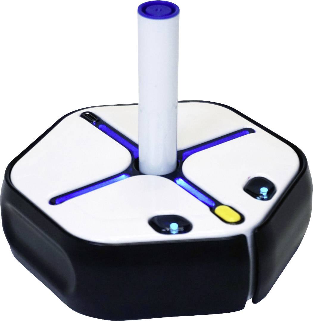 Šesťuholníkový robot s bielym vrchom a čiernymi stranami, vybavený senzormi a centrálnou rukoväťou.