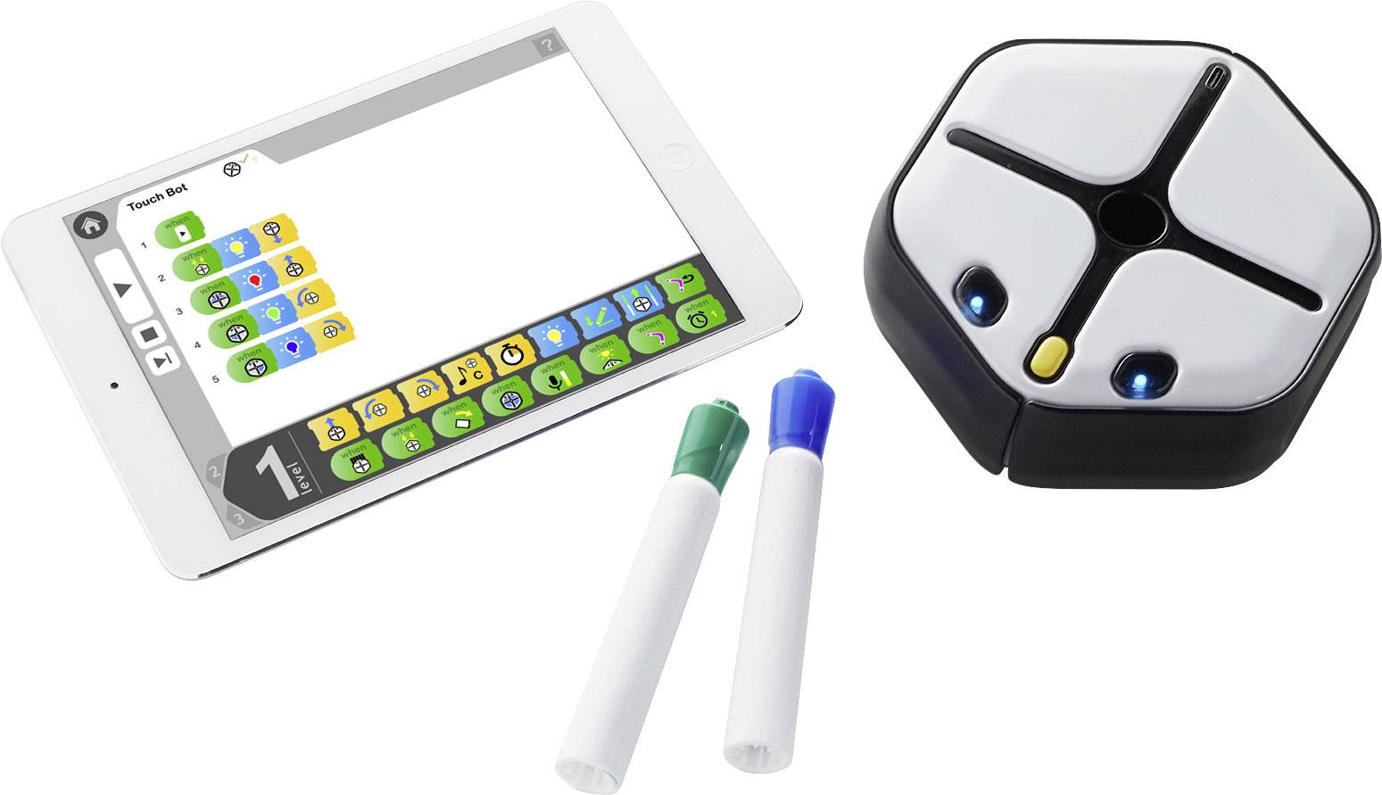 Tablet s programovacou aplikáciou, dva perá a šesťuholníkový robot. Aplikácia zobrazuje farebné symboly programovacích príkazov.