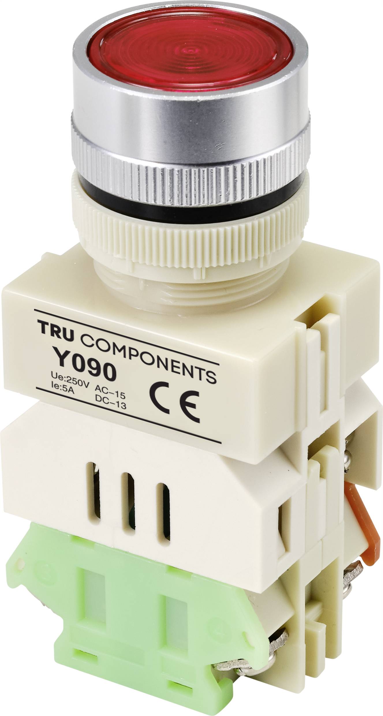 'Červené tlačidlo od TRU Components, model Y090, vhodné pre 250V AC-15, s CE označením, namontované na plastovom držiaku.'