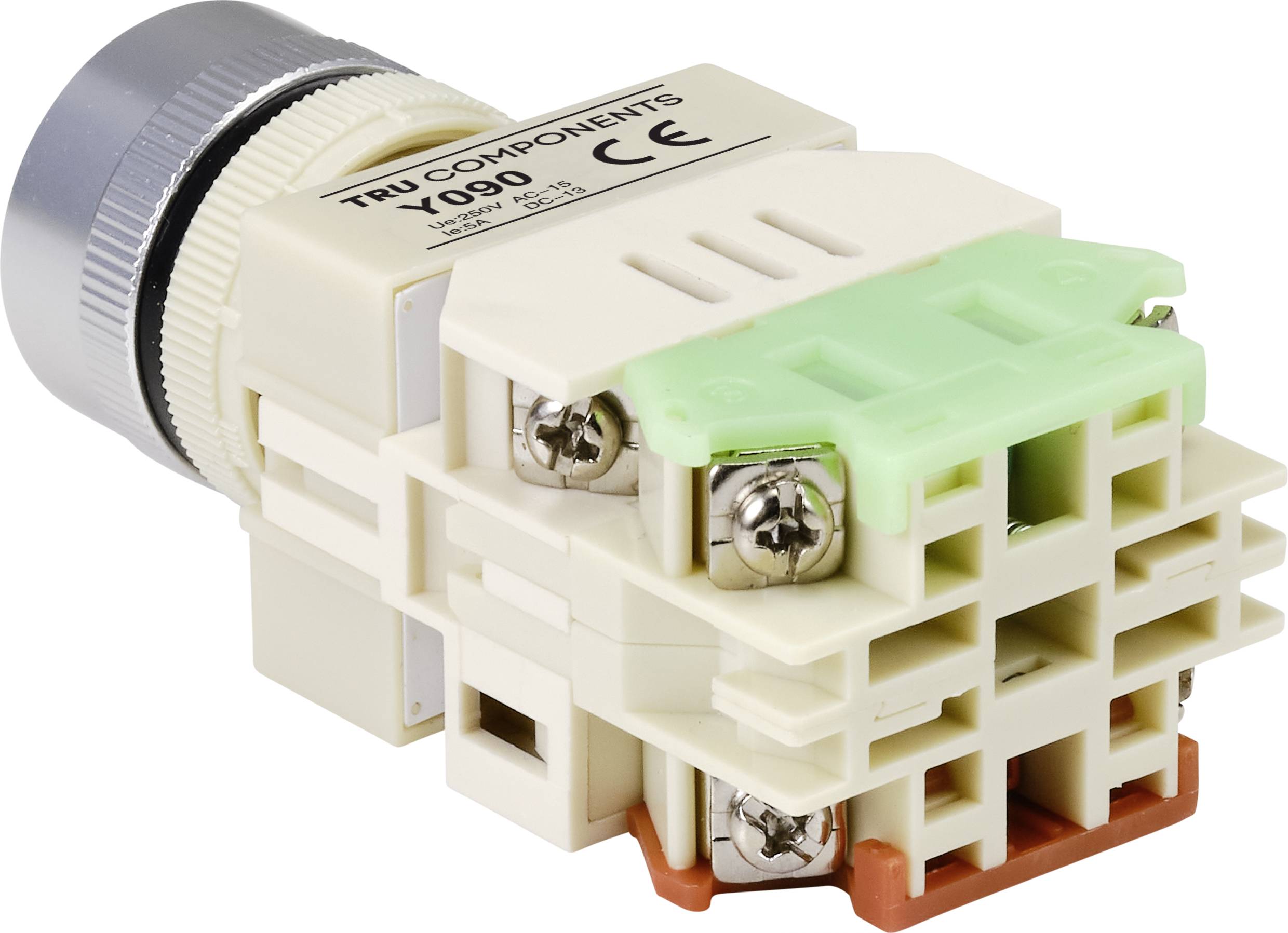 Priemyselný spínač v plastovom kryte, upevnený kovovými skrutkami. Dva káblové vstupy sú viditeľné na spodnej strane.