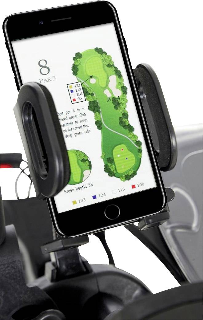 Smartfón zobrazuje mapu golfového ihriska a vzdialenostné údaje. Nachádza sa v držiaku na športovom zariadení.