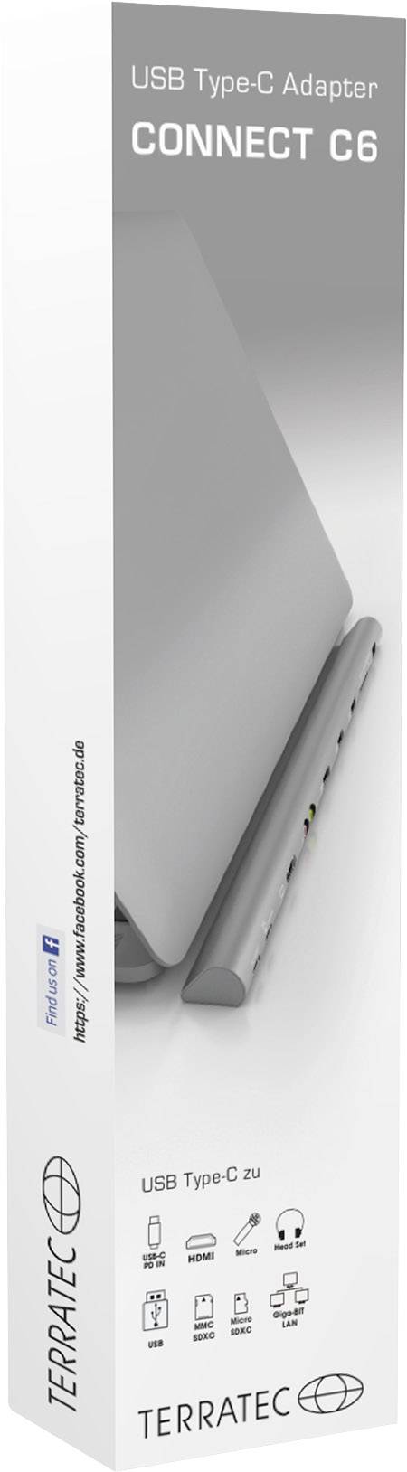 USB Type-C Adaptér 'CONNECT C6' od spoločnosti Terratec, vhodný na pripojenie rôznych zariadení k laptopom. Balenie zobrazuje obrázok produktu a logá.