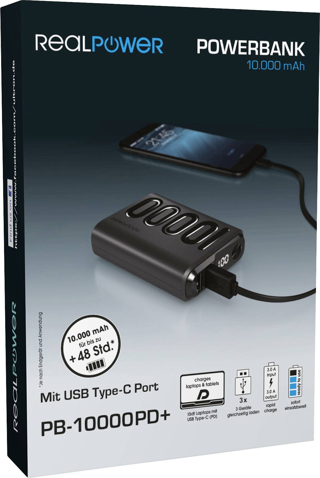 Obal powerbasky RealPower 10.000 mAh. Zobrazuje powerbanku, ktorá nabíja smartfón, s textom o kapacite a USB vstupe.