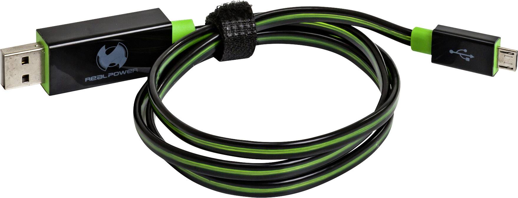 USB kábel s jedným koncom USB-A a druhým Micro-USB. Čierny kábel so zelenými akcentmi a suchým zipsom na upevnenie.