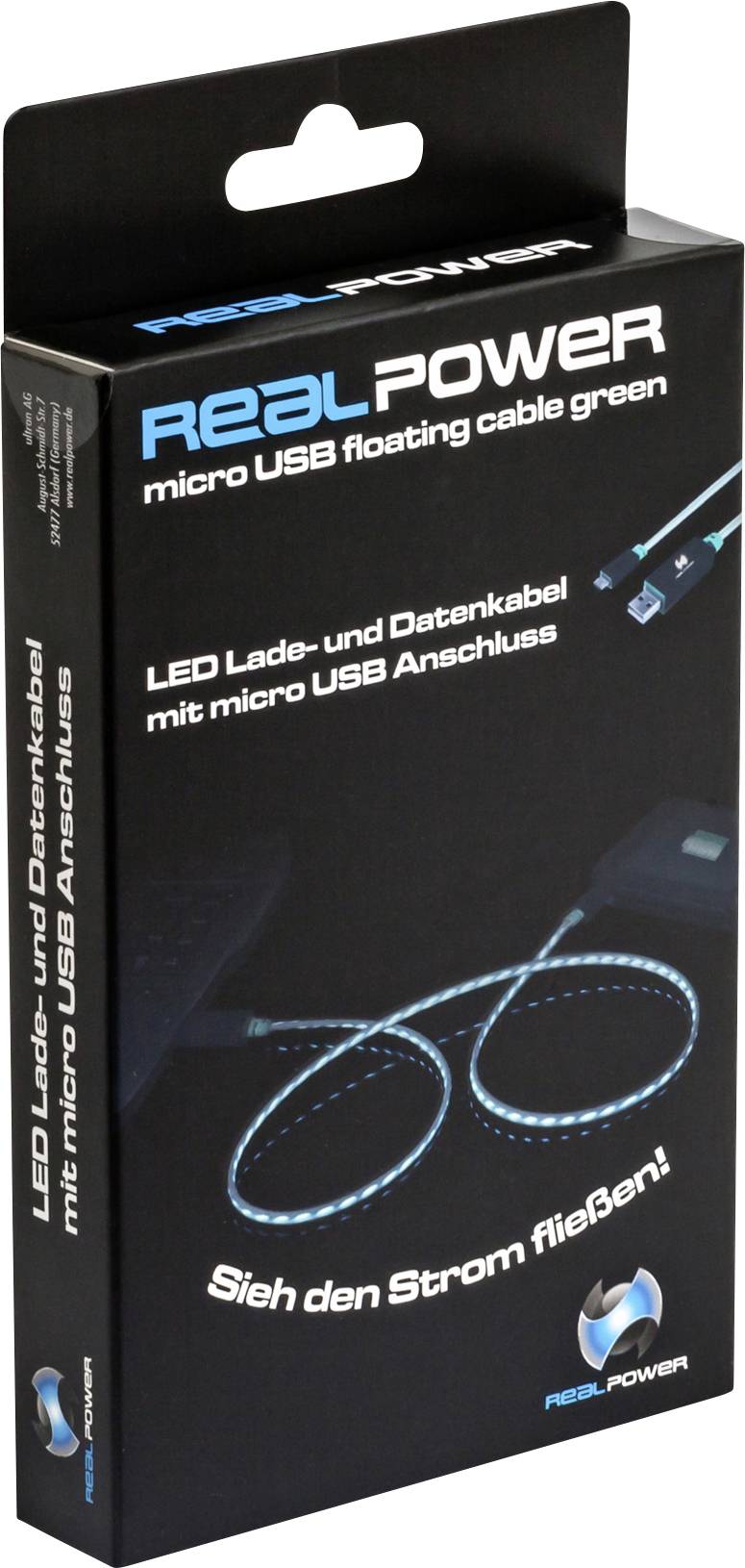 Balenie zeleného Micro-USB kábla od RealPower so svietiacimi LED prvkami. Text na obale: "Pozri, ako prúd tečie!"